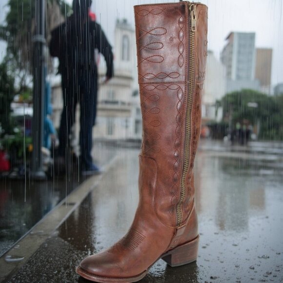 Freebird Wrang Distressed Brown Embroidery Detail Tall Boot, Size 6 - Picture 4 of 11